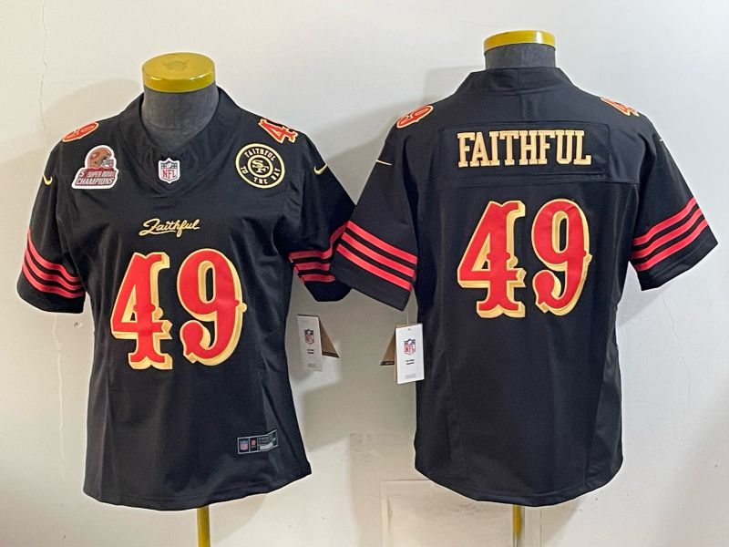 Women 2026 San Francisco 49ers #49 Faithful Black gold Nike Limited NFL Jersey style 002